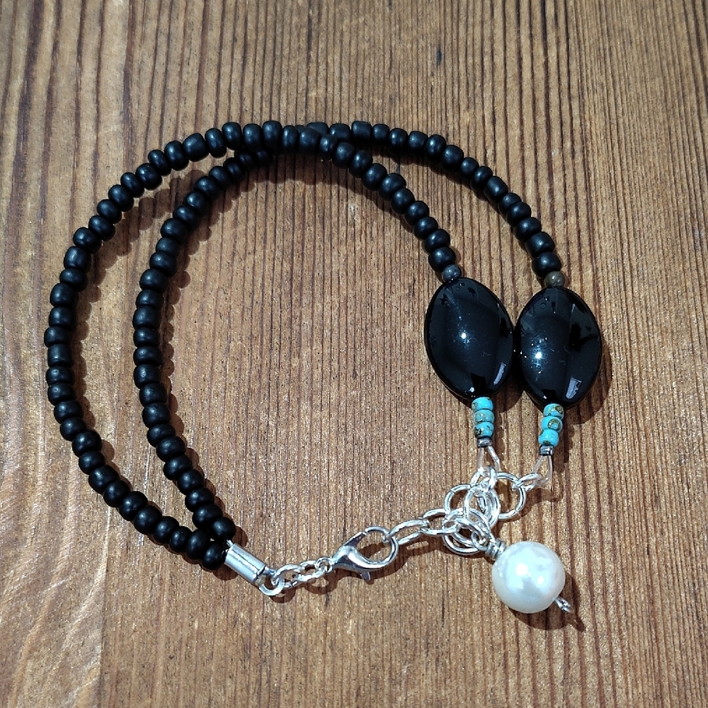 Ladies Double Strand Black Beaded Bracelet, Handmade Ladies Bracelet